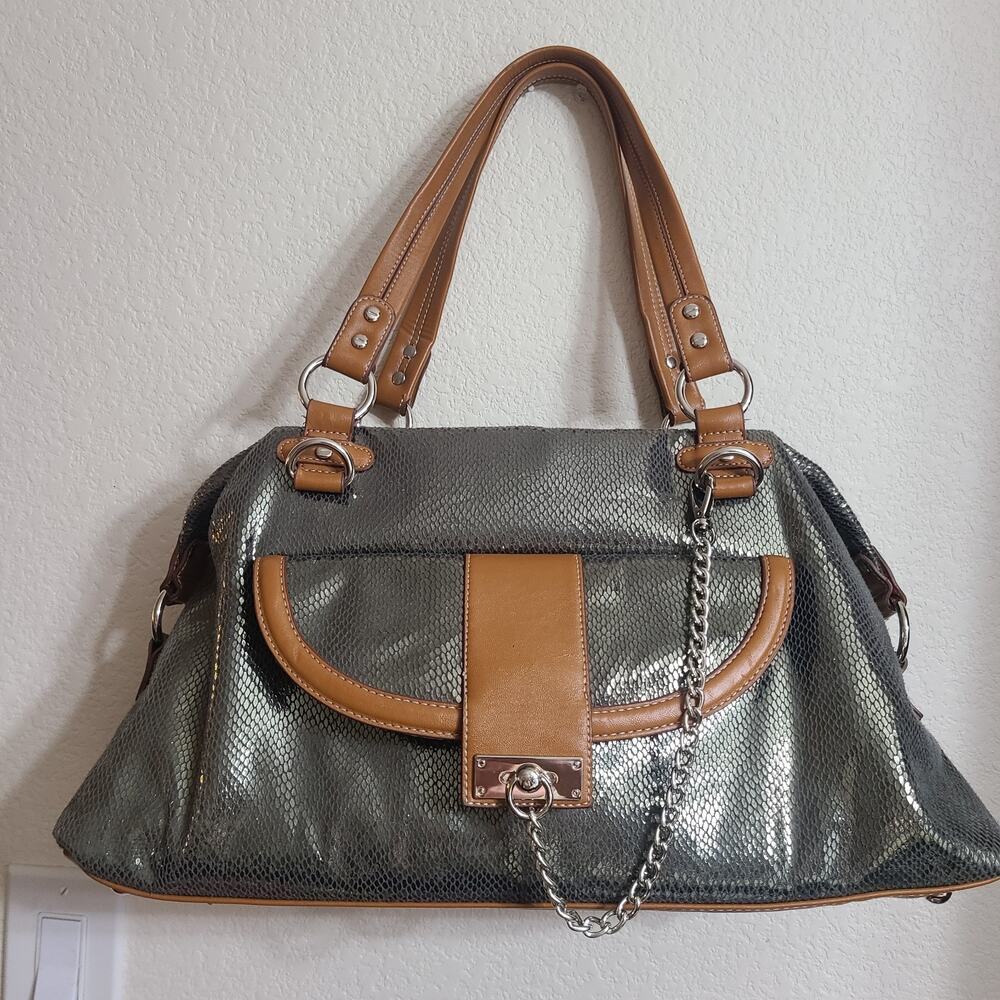 Y2K Metallic Snakeskin Satchel Bag Tan Leather Trim Chain Detail Large Twiggy